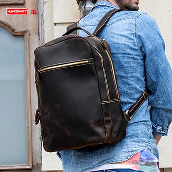 Мужской Рюкзак из натуральной кожи в стиле Ретро, дорожные рюкзаки Большой Емкости, 15,6-дюймовая сумка для ноутбука, Повседневная школьная сумка 2023, новинка