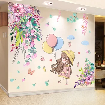 Наклейки на стену с воздушными шарами в виде мультяшной девочки, сделай сам, Цветы, листья, настенные наклейки для детских комнат, Детская спальня, украшение для дома