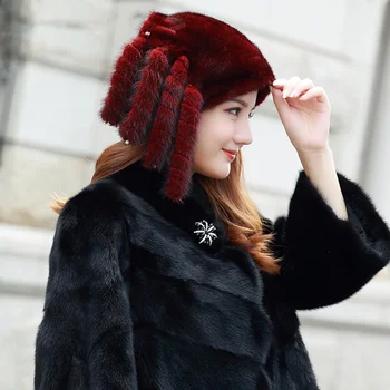 Новая стильная декоративная меховая шапка с небольшим хвостом; Зимняя женская роскошная норковая шапка; Теплая защита ушей; Высококачественная меховая шапка