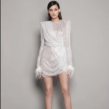 Новое Женское платье с Белыми Блестками и Перьями, Vestidos De Fiesta Elegantes Para Mujer 2023, Элегантные Роскошные Платья для Дня Рождения и Вечеринки