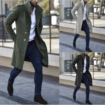Новое пальто на весну и осень, новое мужское шерстяное пальто с воротником-стойкой, украшенное металлической пряжкой, карман средней длины, повседневное трендовое тонкое пальто