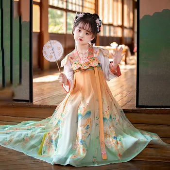 Новое Улучшенное Оранжевое платье Hanfu с длинными рукавами в стиле Тан, расшитое вышивкой для девочек 2023 года, Традиционный весенний костюм принцессы с серпантином