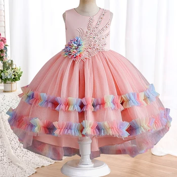 Новое цветное свадебное платье принцессы со шлейфом без рукавов для девочек, расшитое жемчугом, модное роскошное платье для ведущей банкета
