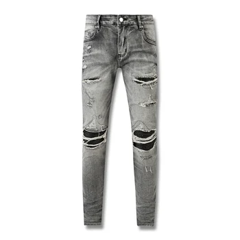 Новые Мужские потертые серые ребра, заплатки, Рваные заплатки, выдалбливают Светло-голубые выстиранные тонкие эластичные потертые джинсы, джинсовые брюки