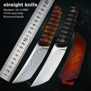 Ножи VG10 из дамасской стали с фиксированным лезвием, деревянной ручкой, тактический нож, Охотничьи Ножи для выживания на открытом воздухе, Оружие самообороны