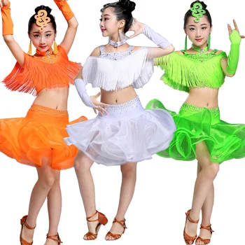 Одежда для бальных латиноамериканских танцев с кисточками для девочек, Детские костюмы для выступлений Сальсы, Платье для фигурного катания с блестками для девочек, рейв-наряды