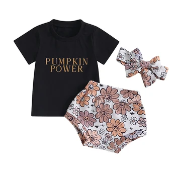 Одежда для маленьких девочек на Хэллоуин, футболка с короткими рукавами и буквенным принтом и эластичные шорты с цветочным принтом в виде тыквы, комплект с повязкой на голову