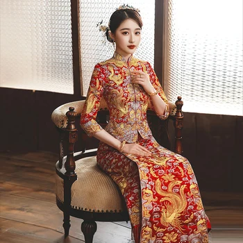 Одежда с вышивкой дракона и Феникса, Классическое свадебное платье в китайском стиле, Свадебное платье