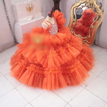 Оранжевое платье для маленькой девочки с кристаллами и рюшами, Пушистые платья для девочек на Свадьбу, Милое Платье-пачка, Длинные Пышные Спагетти