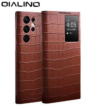 Оригинальный Откидной Чехол Qialino Из натуральной Кожи S View Для Samsung Galaxy S22 Ultra Plus с Текстурой Крокодила и Оконным Дисплеем Smart Case