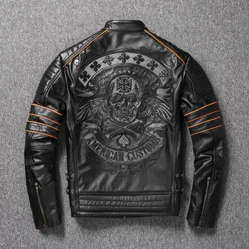 Пальто из натуральной воловьей кожи, одежда из искусственной кожи, мужская мотоциклетная куртка с вышивкой в виде черепа, осенняя куртка для езды на мотоцикле, Азиатский Размер 6XL