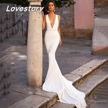 Пляжные свадебные платья Русалки для невесты, свадебные платья на бретельках, с открытой спиной, Свадебное платье с V-образным вырезом и длинным шлейфом, Vestidos De Novia