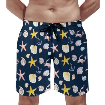 Пляжные шорты с морскими ракушками, качественные мужские пляжные шорты с принтом морской жизни, Плавки с эластичным поясом, Большой размер