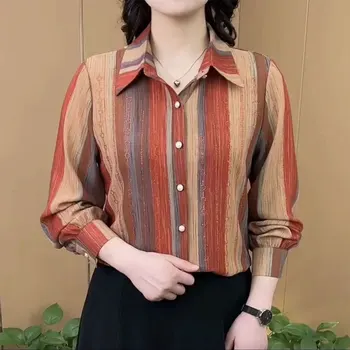 Повседневная Модная полосатая блузка контрастных цветов, весна-осень, однобортная женская одежда для поездок на работу, Шикарная рубашка с отворотами и бриллиантами