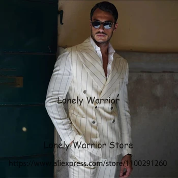 Повседневные мужские костюмы в белую полоску, 2 предмета, Приталенный Деловой Блейзер с отворотом, Двубортный Свадебный Смокинг для жениха, Мужской костюм