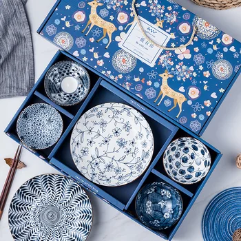 Подарочный набор посуды оптом в японском стиле бытовая керамическая посуда креативная ретро изысканная миска ложка тарелка подарочная коробка