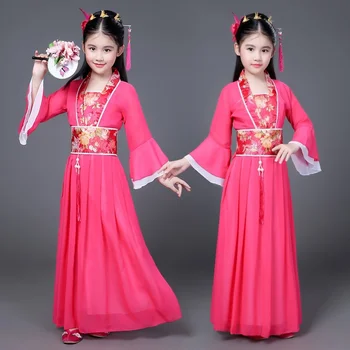 Поклонники традиционных Танцев, Китайское Традиционное платье для Детей, Hanfu, Красный, Ярко-Розовый, Небесно-Голубой, Белый, Зеленый, Желтый, Костюм для Девочек на Хэллоуин