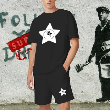 Популярная Мужская Хлопковая футболка с рисунком звезды 2023, Летняя Повседневная Уличная Высококачественная Спортивная Дышащая футболка из двух частей, Комплект
