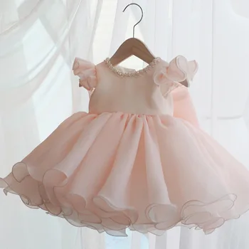 Розовое Детское платье на День Рождения, Костюм с цветочным узором для девочек, Вечерние платья Принцессы 0-10 лет