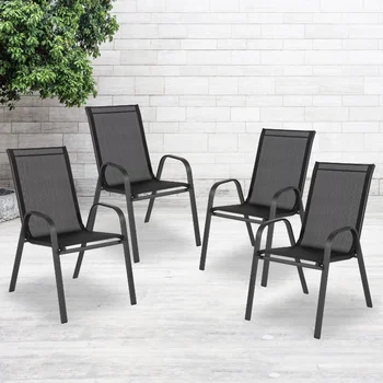 Садовая Скамейка Flash Furniture Серии Brazos, 4 упаковки, черный Уличный стул с гибким комфортным материалом и металлическим каркасом