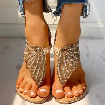сандалии на плоской подошве, сандалии-бабочки с украшением в виде кристаллов, женская обувь с эластичной лентой на носке, женские летние сандалии, женская обувь 2023