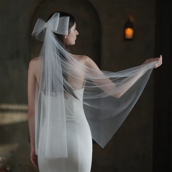 Свадебная фата невесты Двухслойные прозрачные вуали короткой длины с милым бантом, аксессуары для волос невесты с обрезанным краем