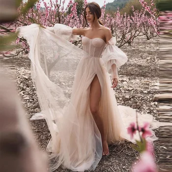 Свадебные платья Sevintage в стиле Бохо с пышными рукавами, Трапециевидное блестящее тюлевое Элегантное свадебное платье с разрезом сбоку, свадебное платье в стиле Кантри
