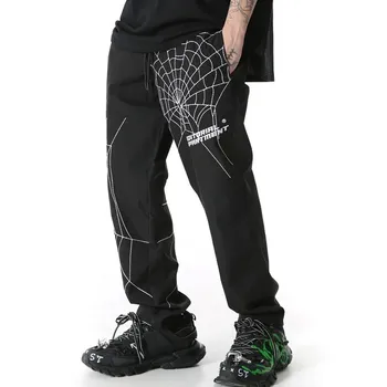 Свободные шаровары с вышивкой паука, рабочие уличные темные высокие уличные костюмы в стиле ретро, мужская летняя повседневная мода в стиле хип-хоп, мужские брюки