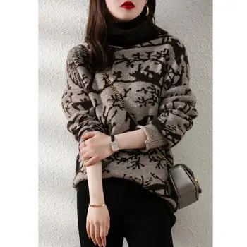 Свободный пуловер с высоким воротом и принтом, женский вязаный топ нового винтажного дизайна осенью и зимой 2021