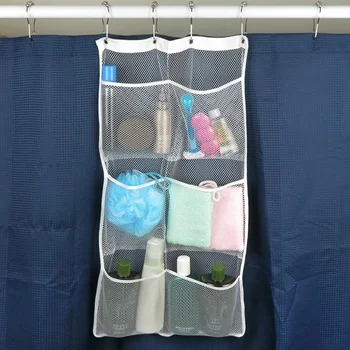 Сетчатый Органайзер для душа, Подвесная сумка для хранения в ванной, сетка с 6 карманами, Машинная стирка, Быстросохнущие занавески для ванной, 4 пряжки