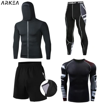 Спортивная одежда из 4 предметов, футболка для бега с длинным рукавом, спортивный костюм для фитнеса, компрессионные баскетбольные колготки, спортивные костюмы для бега трусцой, одежда