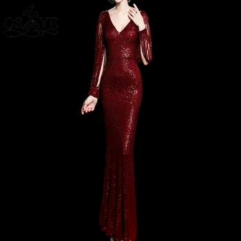 Темно-красные Вечерние Платья, Длинное Платье для выпускного вечера с блестками, Блестящий V-образный вырез, Элегантная вышивка бисером, Длинные рукава, Приталенное Вечернее платье Vestido