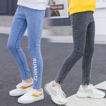 Узкие джинсы для девочек-подростков, Новое Поступление, Детские Классические Узкие джинсы с высокой талией, Джинсовые брюки среднего синего цвета с буквенным принтом, детские брюки