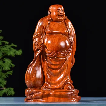 Фигурка Будды, деревянная статуя Смеющегося Будды, резьба по дереву, ретро-украшения, креативные китайские подарки для дома, деревянные поделки
