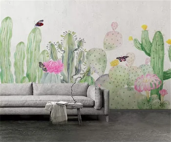 фотообои ручной росписи садовых растений кактус Бабочка ТВ фон стены 3D обои профессиональные обои на заказ фреска