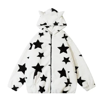 Хлопковая куртка с капюшоном из овечьей шерсти в стиле Ретро с принтом пятиконечной звезды, Зимний Свободный утолщенный кардиган на молнии