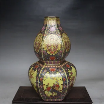 Цин Юнчжэн, цветная эмаль, цветы и птицы, Шестиугольная ваза с двойной тыквой, антикварные украшения в стиле ретро