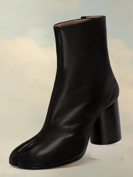 Черные женские ботинки из натуральной кожи с раздельным носком, Ботильоны на голени с круглым носком, Спортивная Повседневная женская обувь с пряжкой и пуговицами