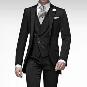 Черный Официальный свадебный смокинг для жениха, приталенные мужские костюмы из 3 предметов с двубортным жилетом, мужская модная куртка и брюки 2023