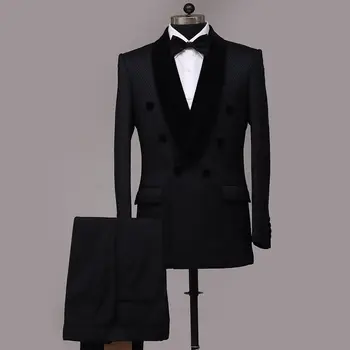 Черный Элегантный Платок С Лацканами, Специальный Двубортный Высококачественный Мужской Свадебный Смокинг На Заказ, 2 Предмета, куртка + Брюки Trajes De Hombre