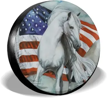 Чехол для запасного колеса Универсальный Чехол для шин Белая Лошадь с Американским флагом Чехол для автомобильных шин Колеса, защищенный от атмосферных воздействий и пыли U