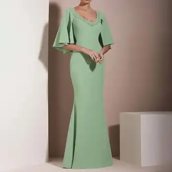 Элегантное зеленое вечернее платье с V-образным вырезом и кристаллами, расшитое бисером, короткие рукава-труба, длинные вечерние платья для матери невесты