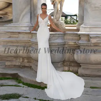 Элегантное Свадебное платье Русалки 2023 для женщин с V-образным вырезом, Открытой спиной, Шлейфом на Тонких Бретельках и Кружевными аппликациями Robe De Mariee