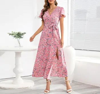 Элегантные платья для женщин, новинка лета 2023, Повседневная Модная Сексуальная Богемная юбка с V-образным вырезом и цветочным разрезом, Пляжный отдых с поясом