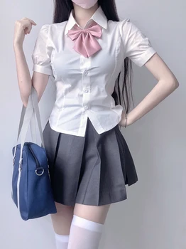 Японская Пикантная Девушка, сексуальная, со сборкой на талии, на шнуровке, Тонкая летняя рубашка, школьная форма JK, ткань для учащихся класса