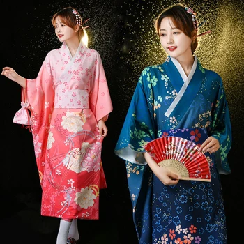 Японское Кимоно Традиционное женское платье Юката Сакура Розовый Банный халат С длинным рукавом Праздничный костюм Фестиваль Летняя Фотосессия