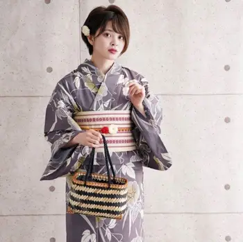 Японское Кимоно Юката, женское Традиционное Хлопчатобумажное Полотно, Фото для путешествий, Серое с желтым цветком